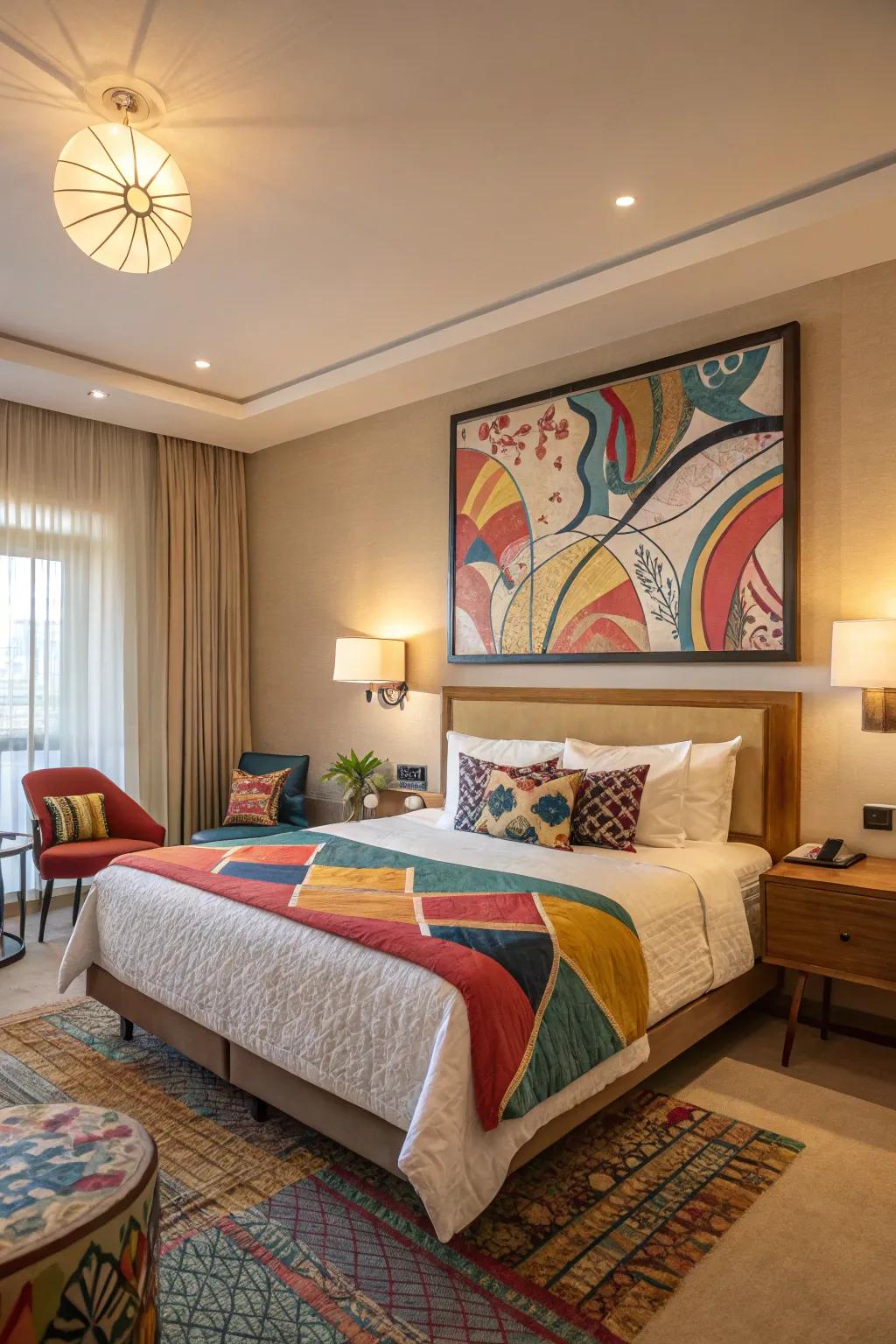 Abstract art adds a modern touch to the bedroom.