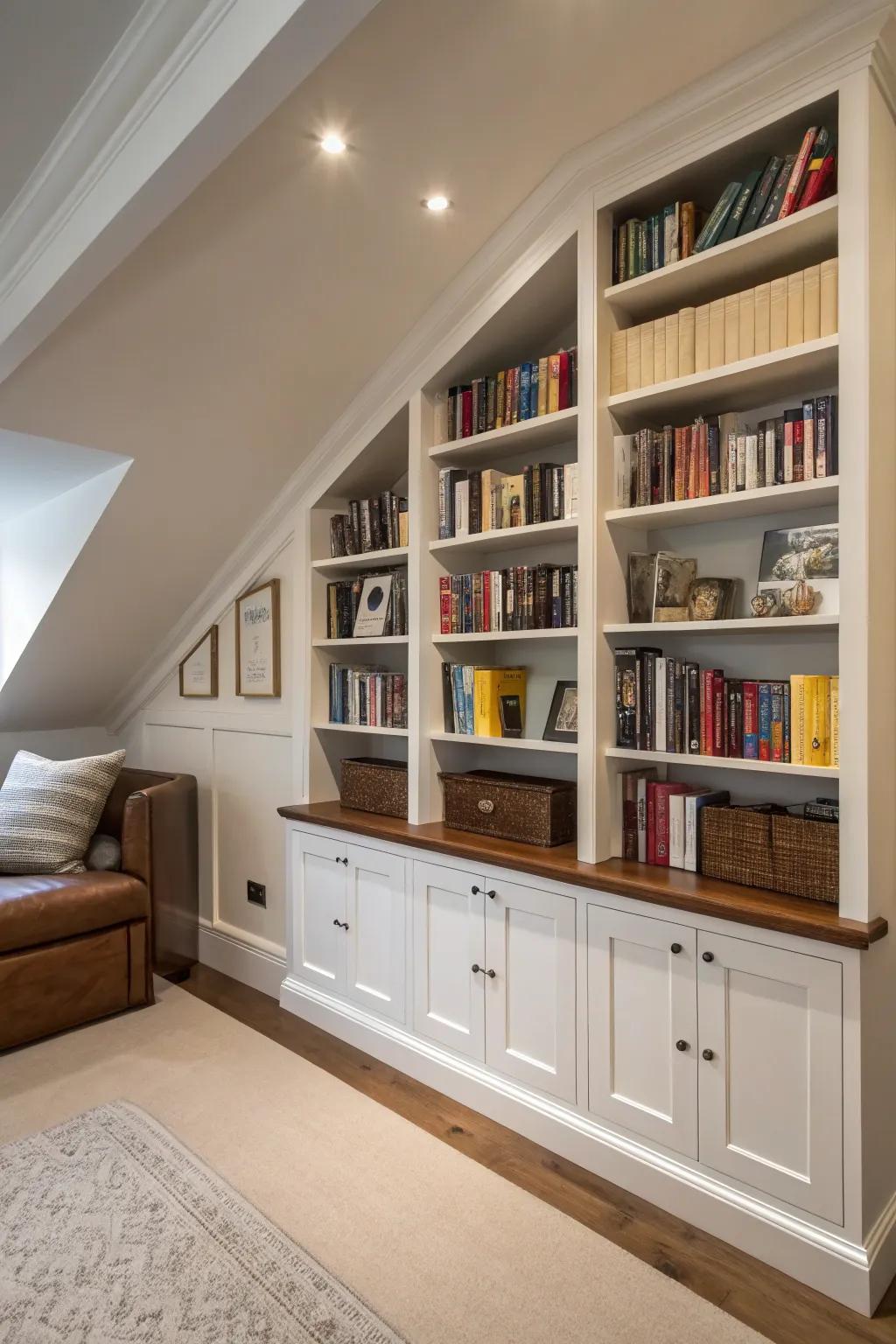 Custom-fit shelves cleverly maximize the potential of unique and uneven spaces, adding character and bespoke charm to any room.