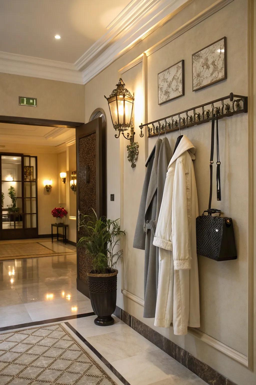 An inviting entryway highlighted by an elegant wall-mounted clothing rack.