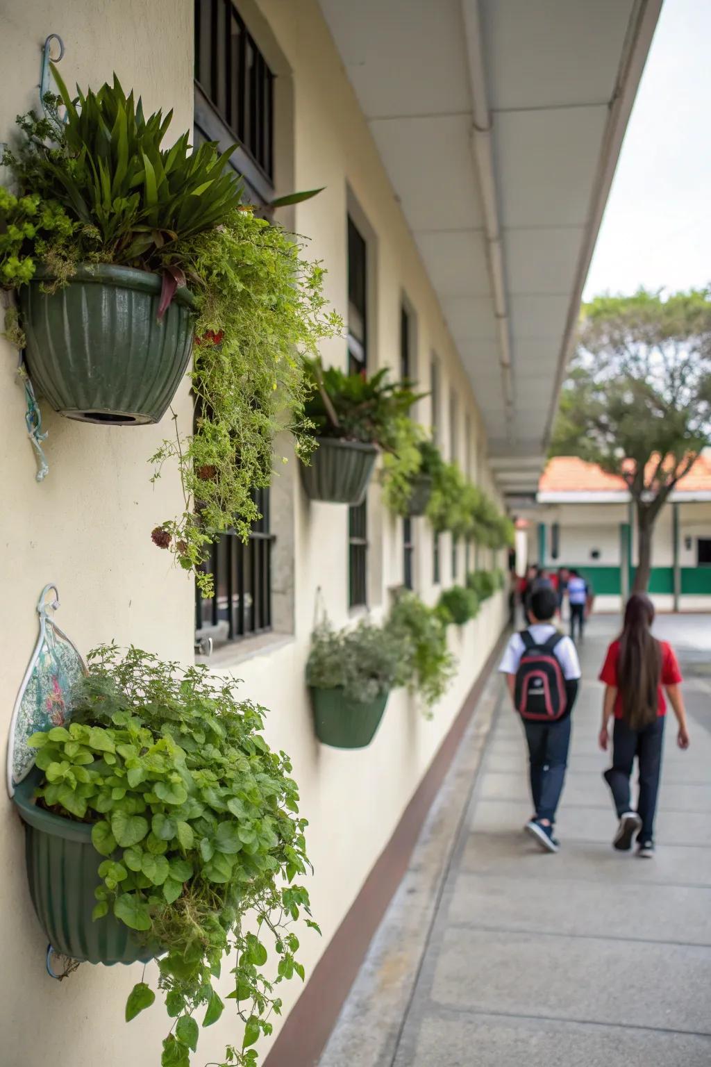 Hanging planters adding greenery to a school wall