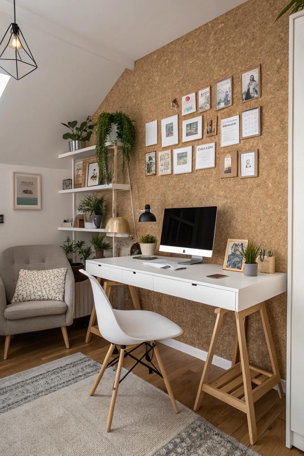 Cork walls blend sustainability with unique texture.