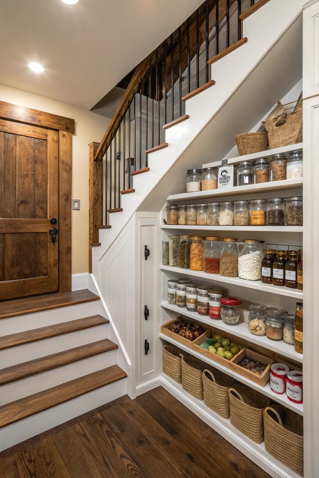 A secluded storage area beneath the staircase provides pragmatic storage.
