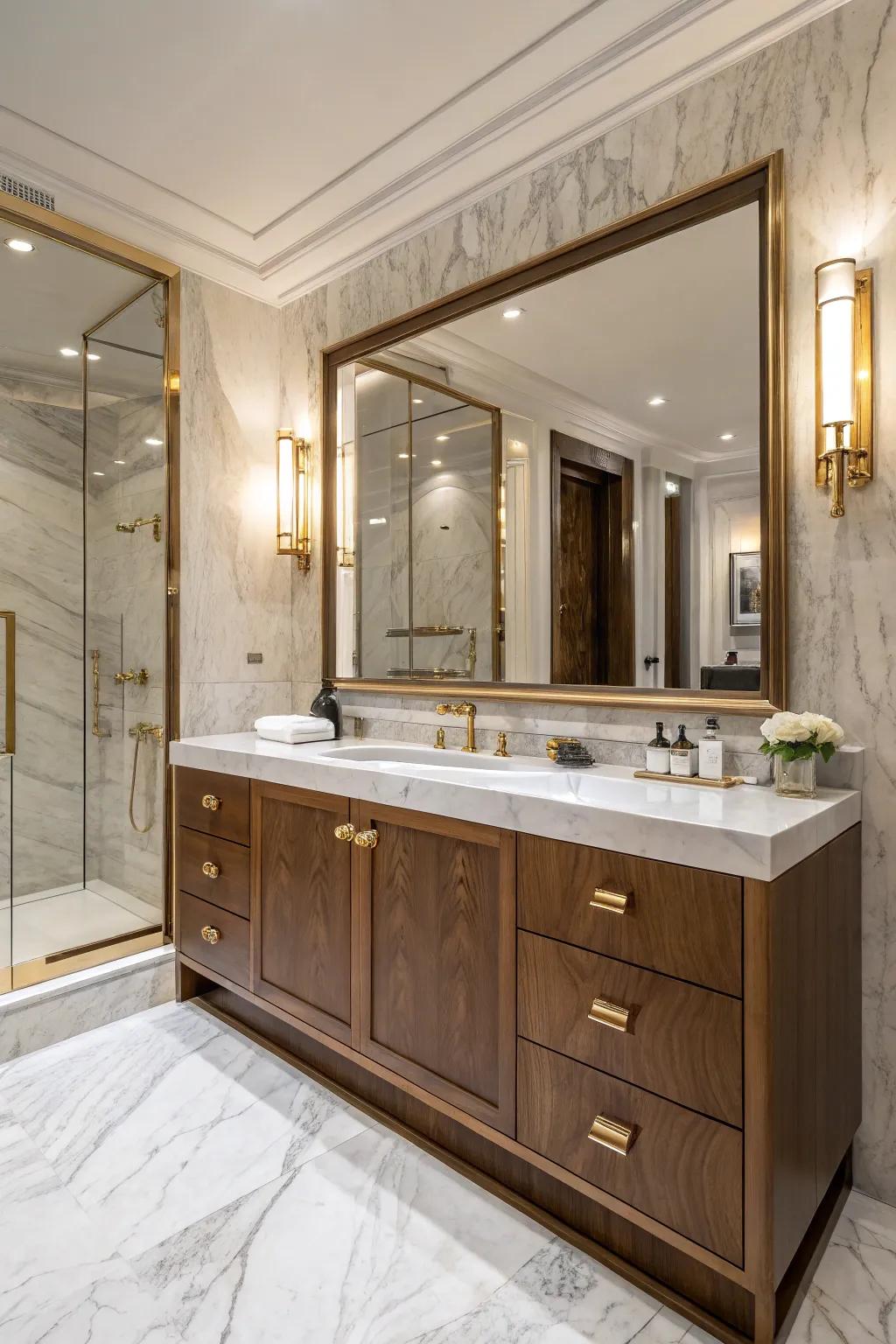 Add a touch of luxury with warm metallic accents alongside your chestnut vanity.