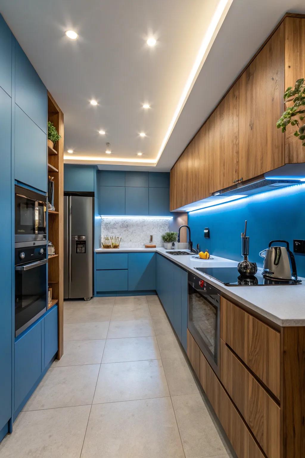 Infuse your kitchen with fresh energy using warm blue hues.