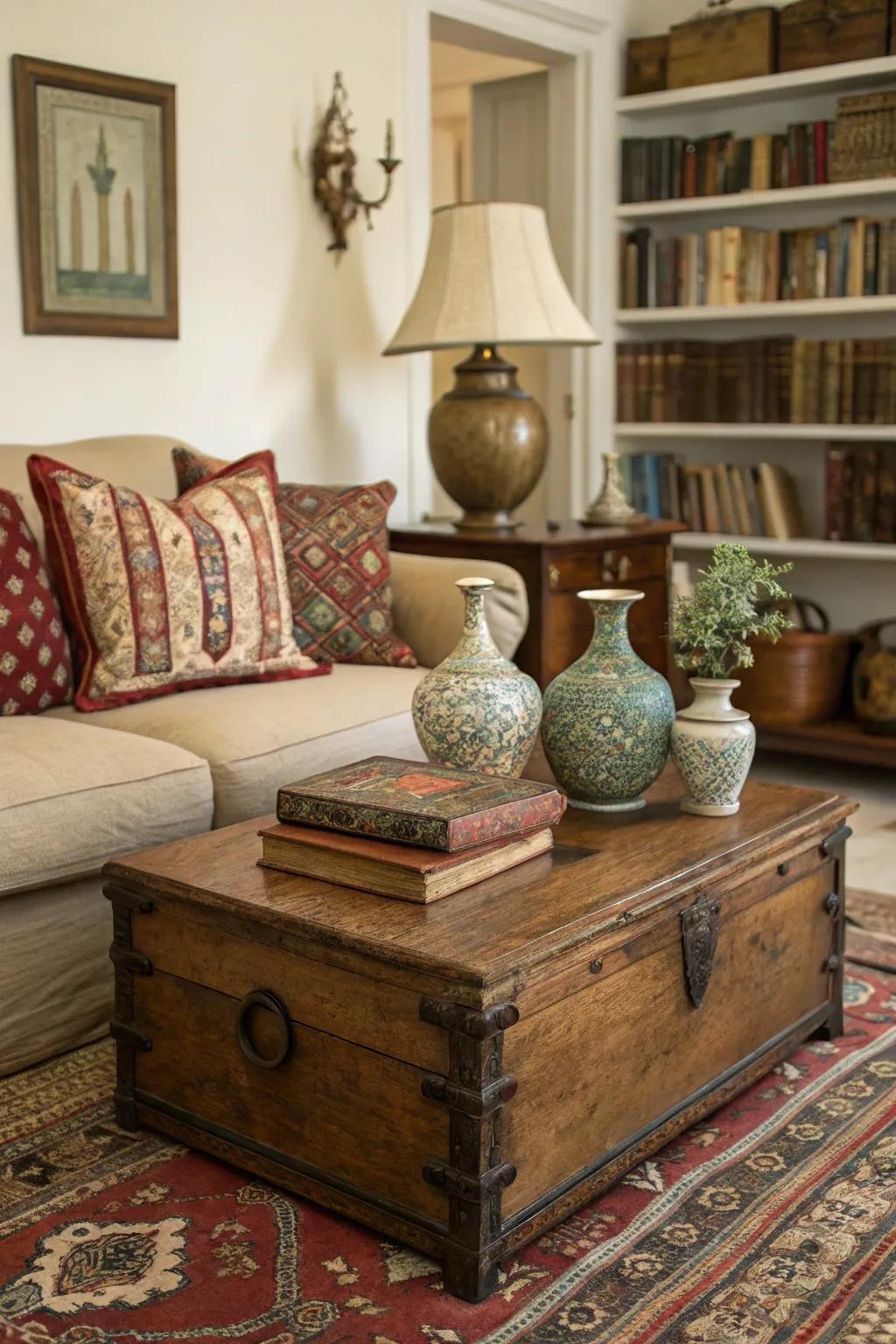A neutral living room gains history and appeal from vintage finds.