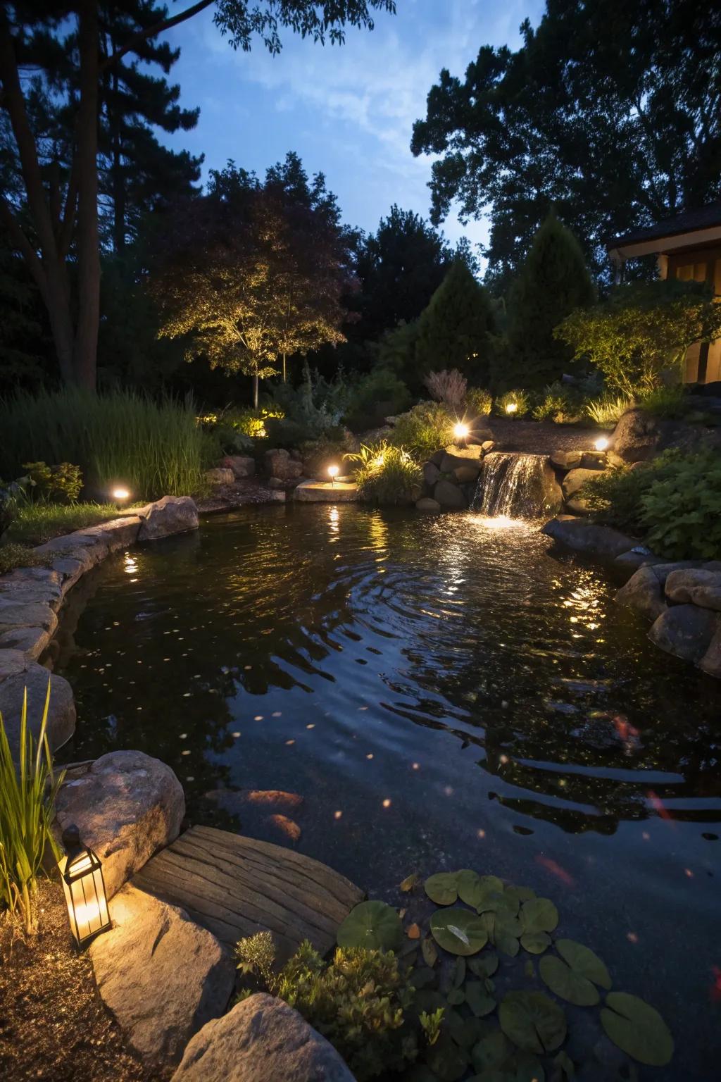 Submerged glow effects create enchanting night scenes in garden water features.