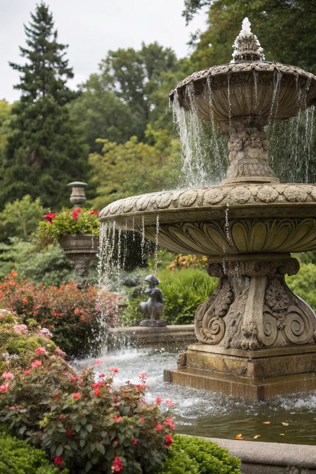 An artistic fountain cascade acts as a garden centerpiece.