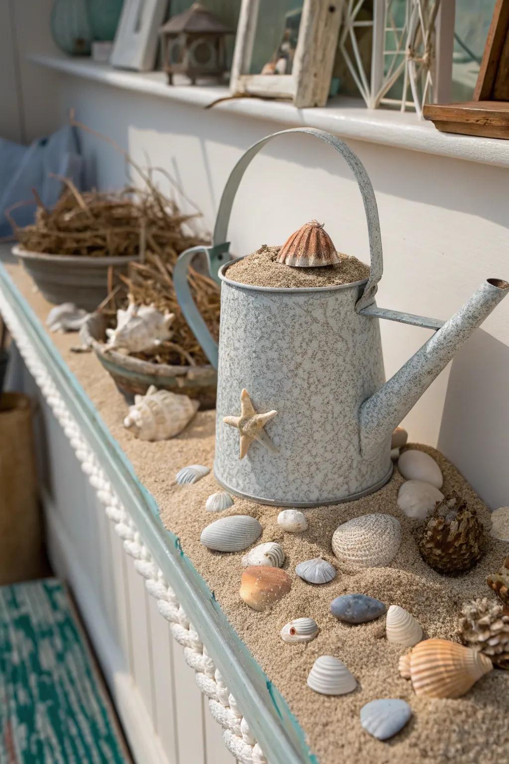 A shore themed embellishment showcasing a watering can brimming with marine exoskeletons.
