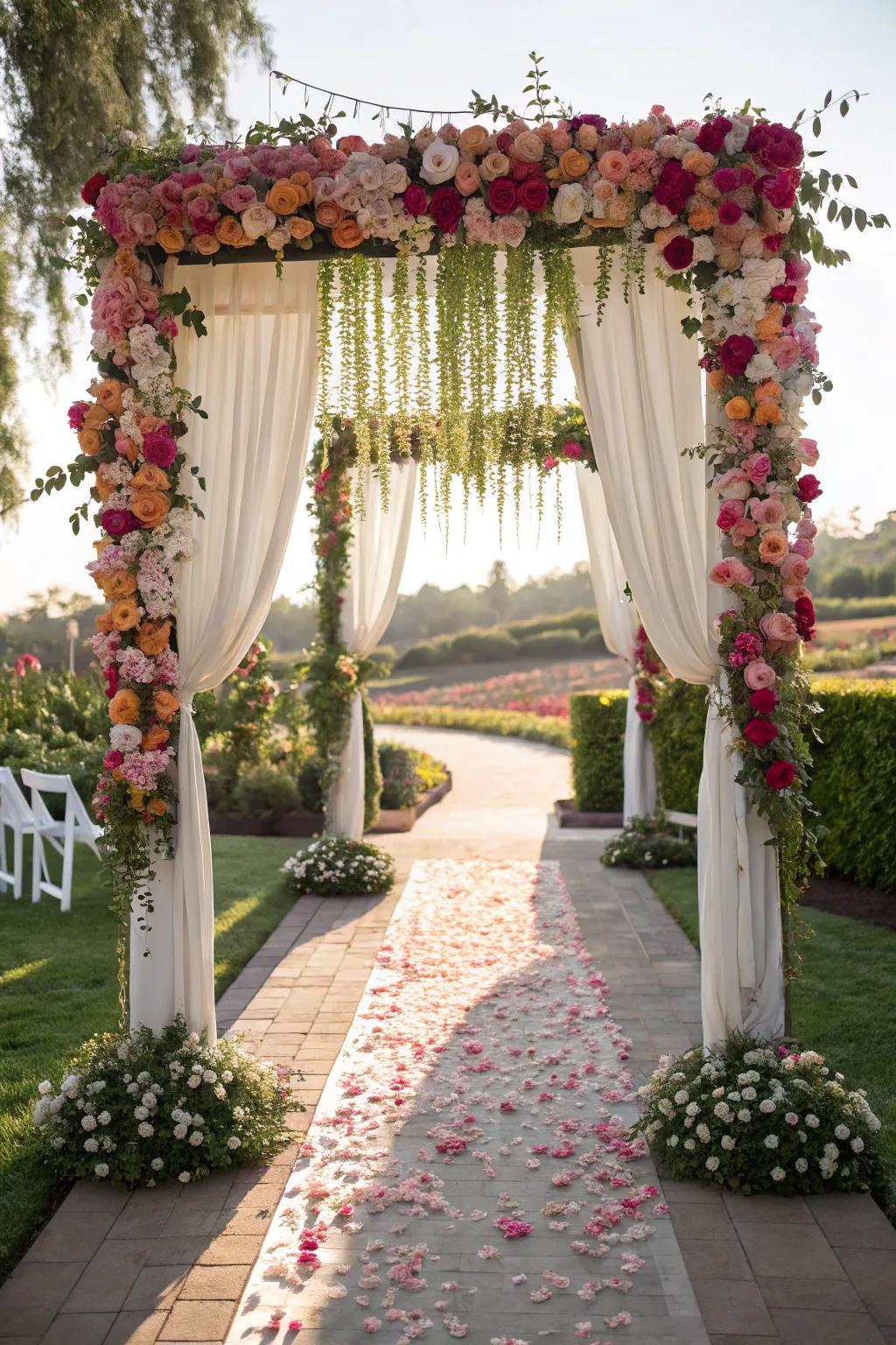A dramatic arch using flowing flowers for a lush, enchanting aesthetic.