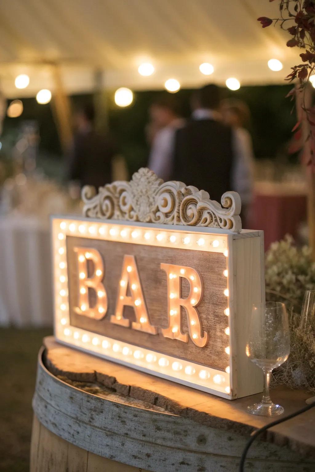 A vintage marquee light bar sign shows the bar location.