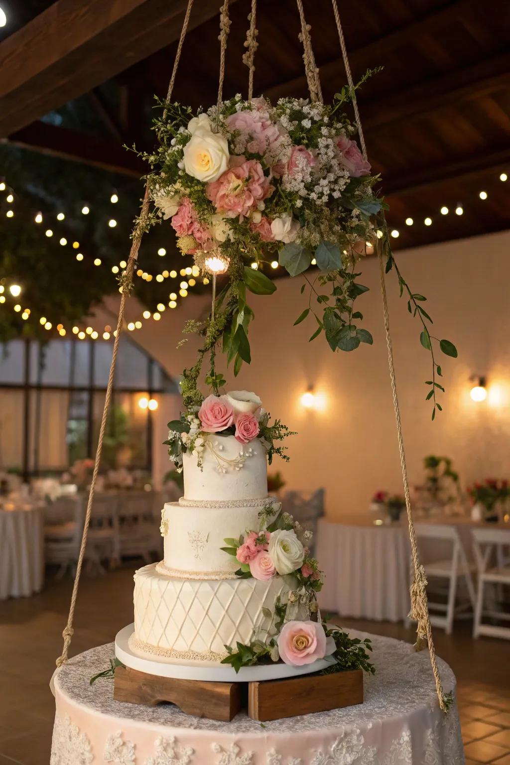 Suspended flowers imparting a whimsical charm to the wedding cake display.