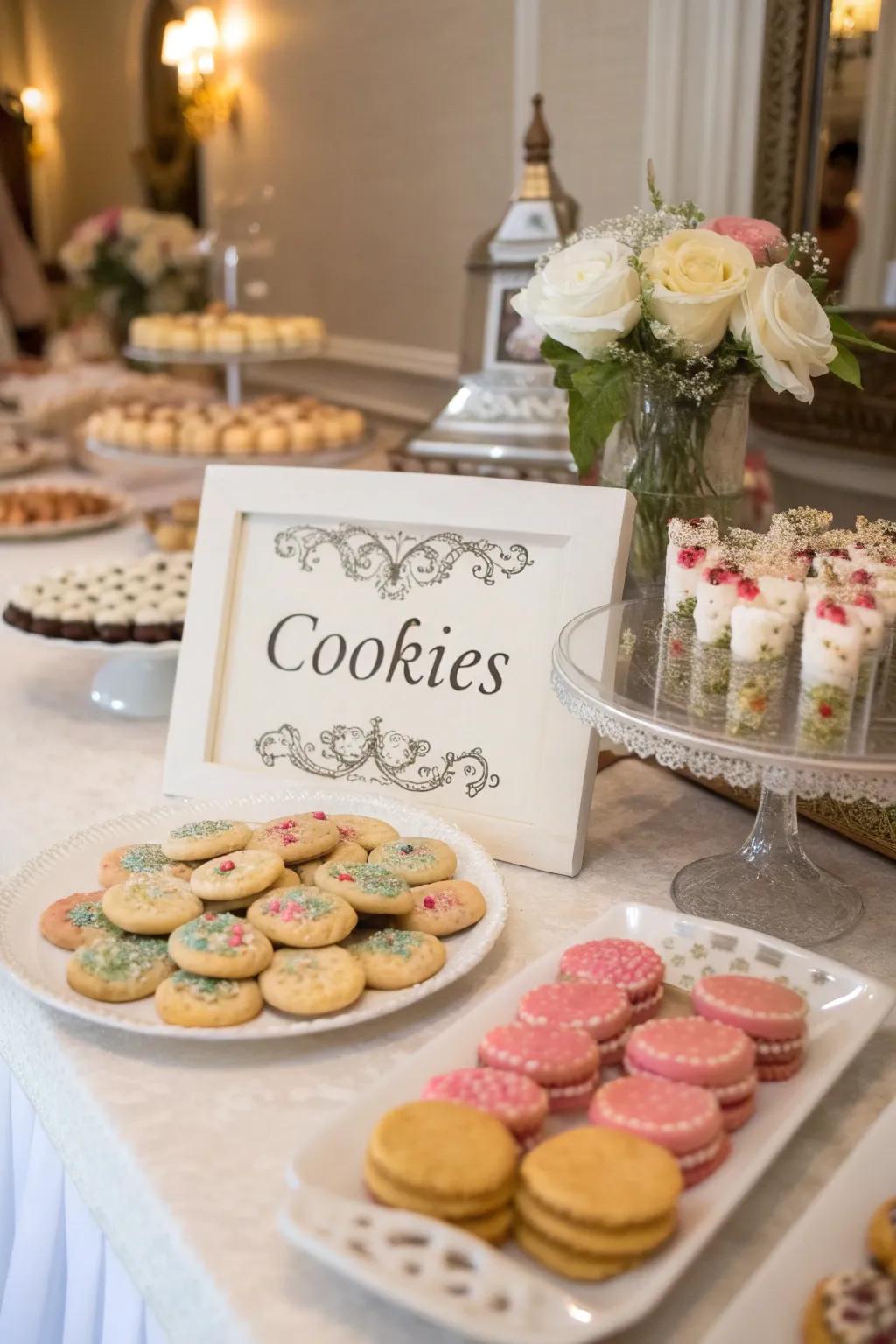 Well-labeled marking adds organization to a wedding cookie station.