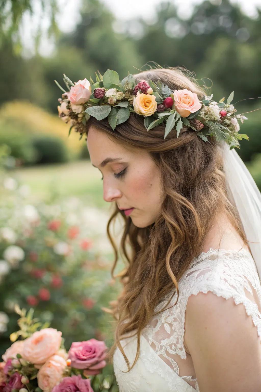 A bohemian bride adorned with a beautiful floral crown.