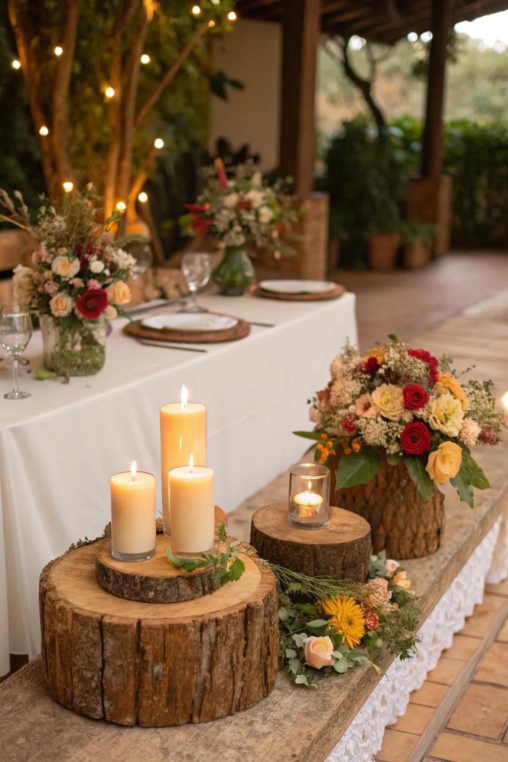 Wooden bases appending a countryside charm to the centerpiece.