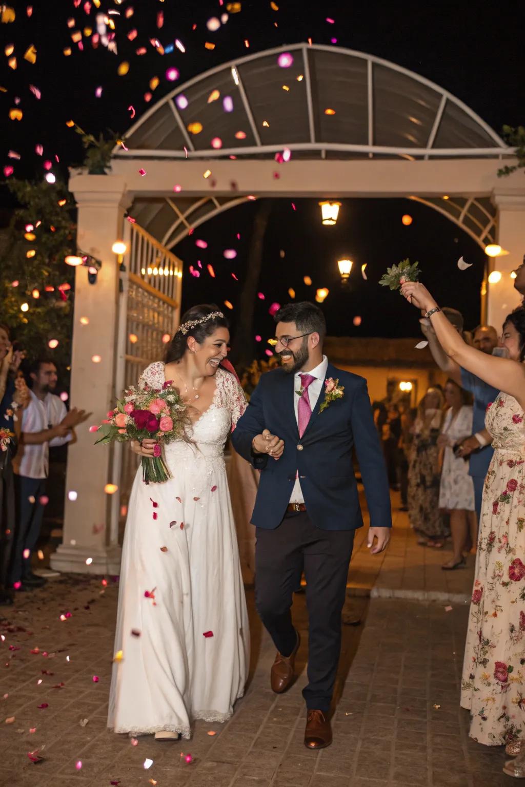 An unforgettable wedding exit lavished with blossom petals.
