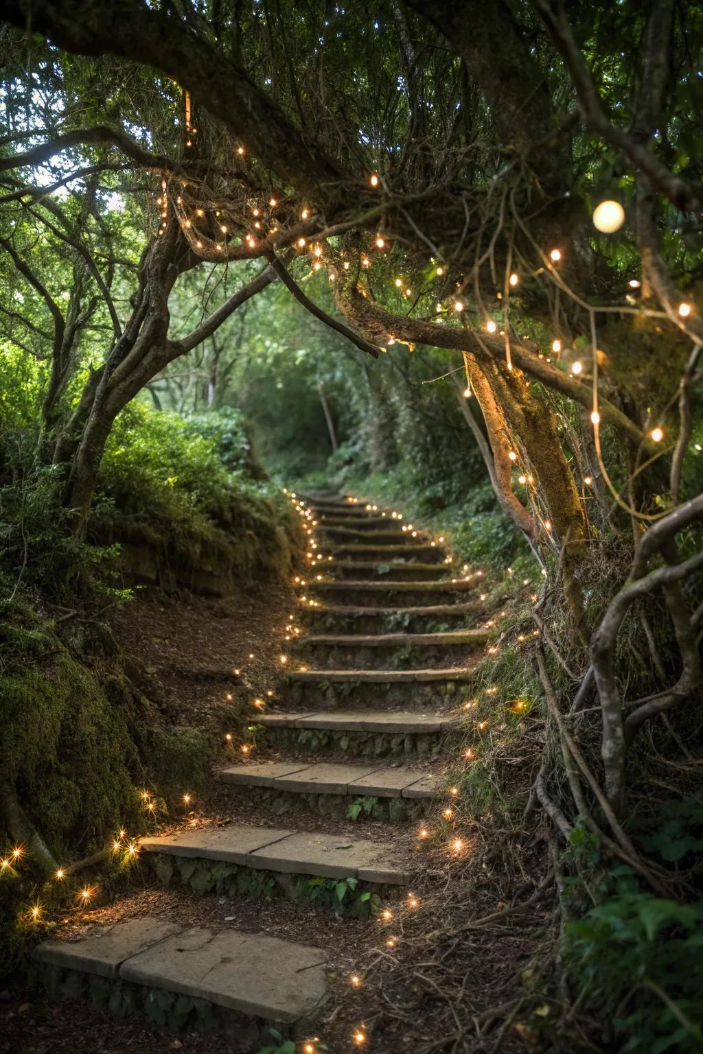 An enchanted narrative wood theme fashions a bewitching, storybook setting on this stairway.
