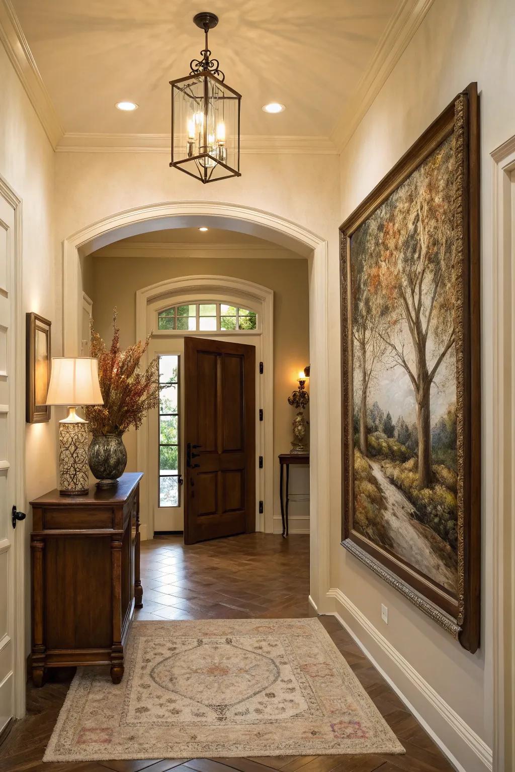 A painting with hidden elements that invites exploration within a welcoming entryway.