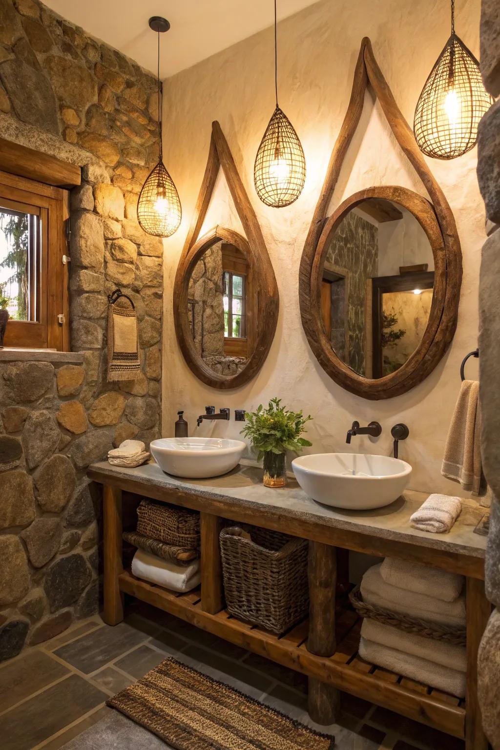 Unique reflectors introduce intrigue and flair to this bathroom.