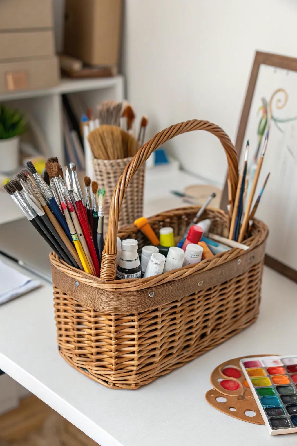 A basket filled with artistic implements maintains your creative area structured and prepared for inspiration.