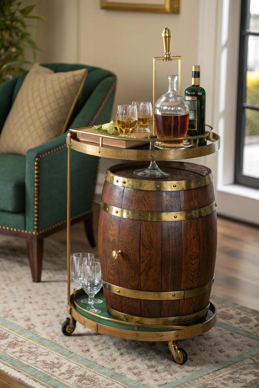 Serve through style, showcasing an ale cask wet bar trolley that remains both functional and eye-catching.