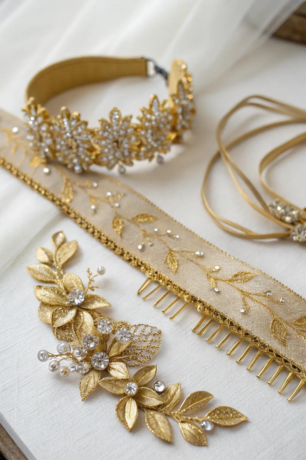 Bridal accessories featuring stylish gilded touches.