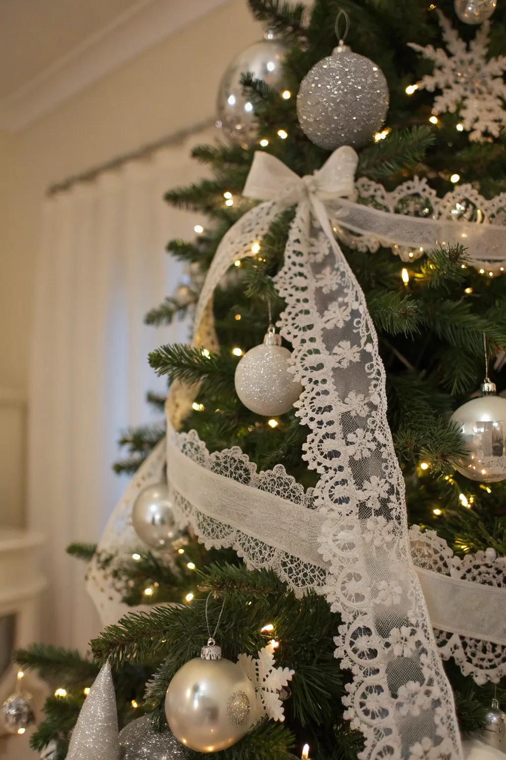 White lace details add vintage charm.