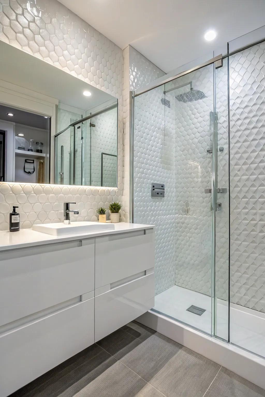 Textured surfaces add depth to classic white tiles.