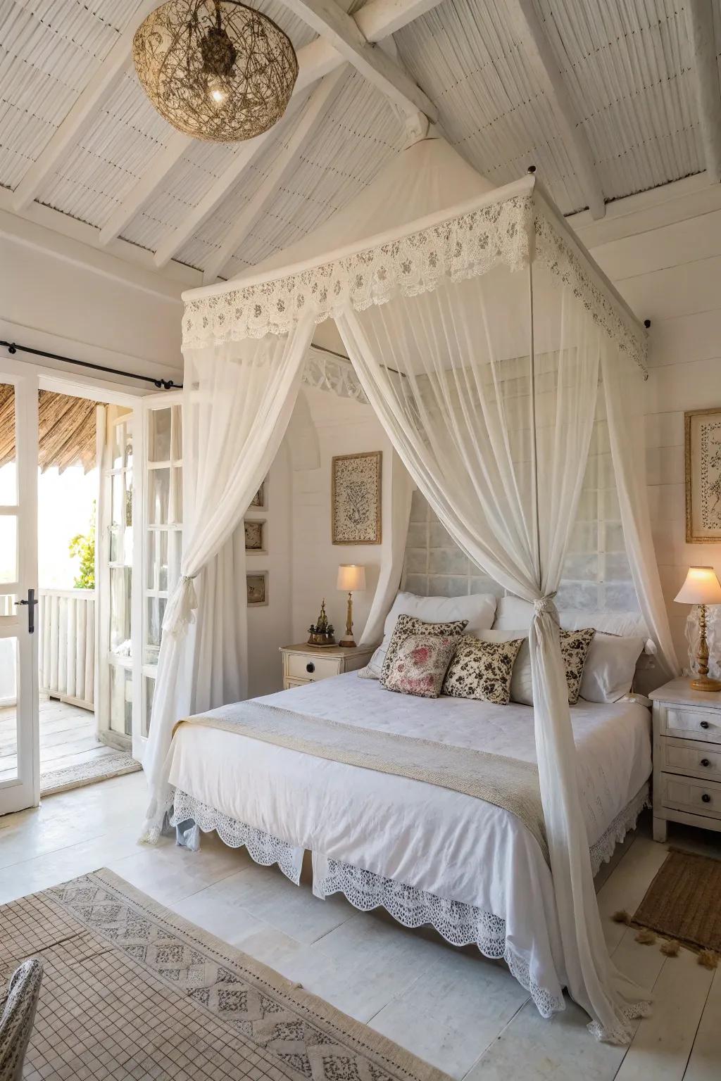 A hanging drape contributes romance and closeness to a white bedroom.