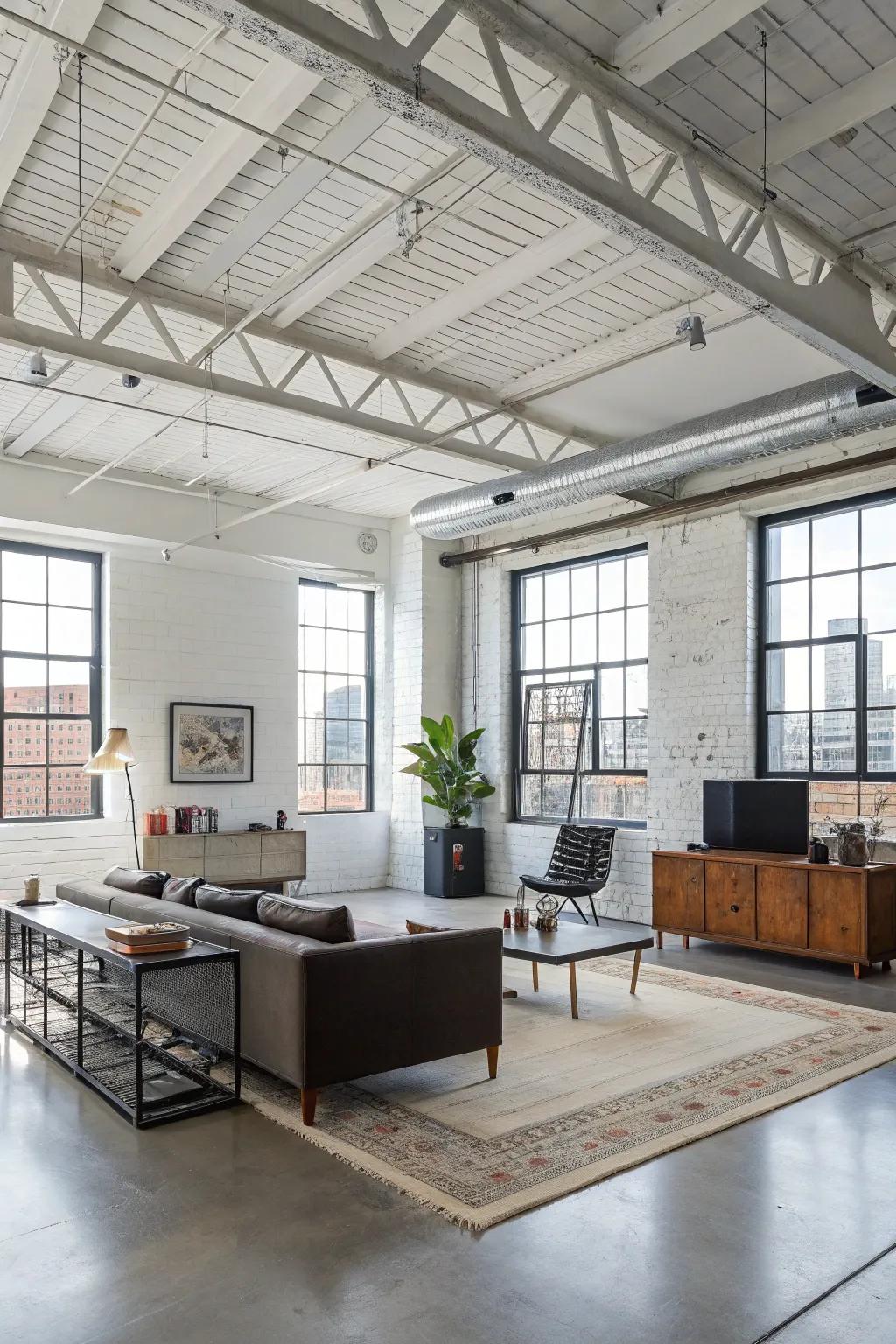 An urban loft showcasing a white ceiling paired with metal beams for a daring aesthetic.