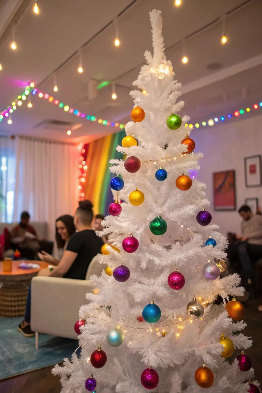 Playful spectrum hues on a white Christmas tree.
