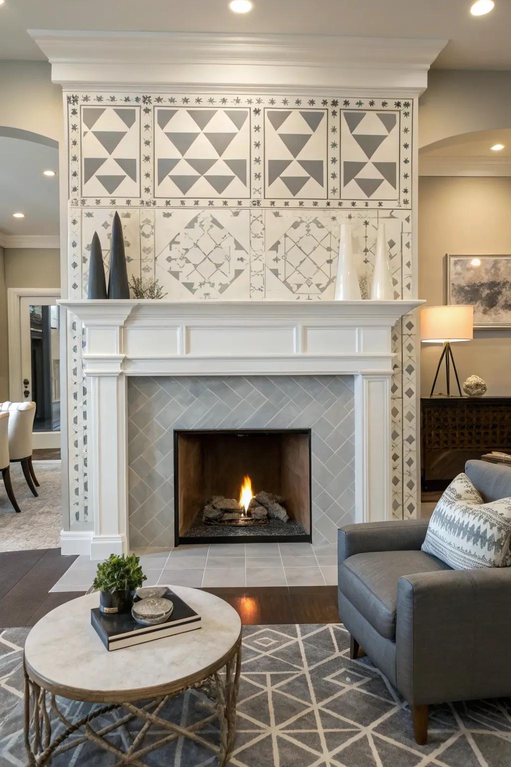Geometric schemes inject a modern edge into a white firebox.
