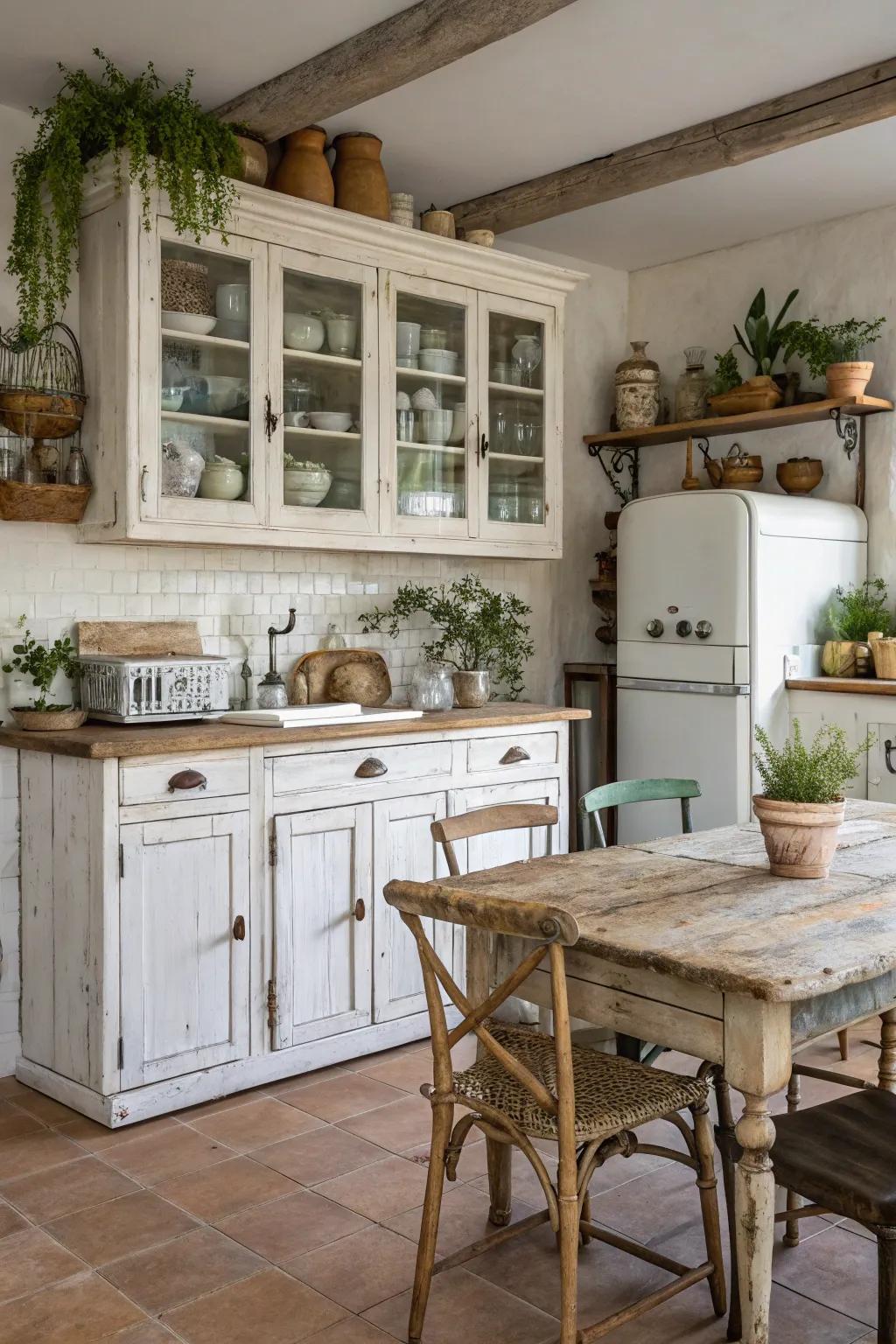 Homespun allure in weathered white cabinets adds warmth.