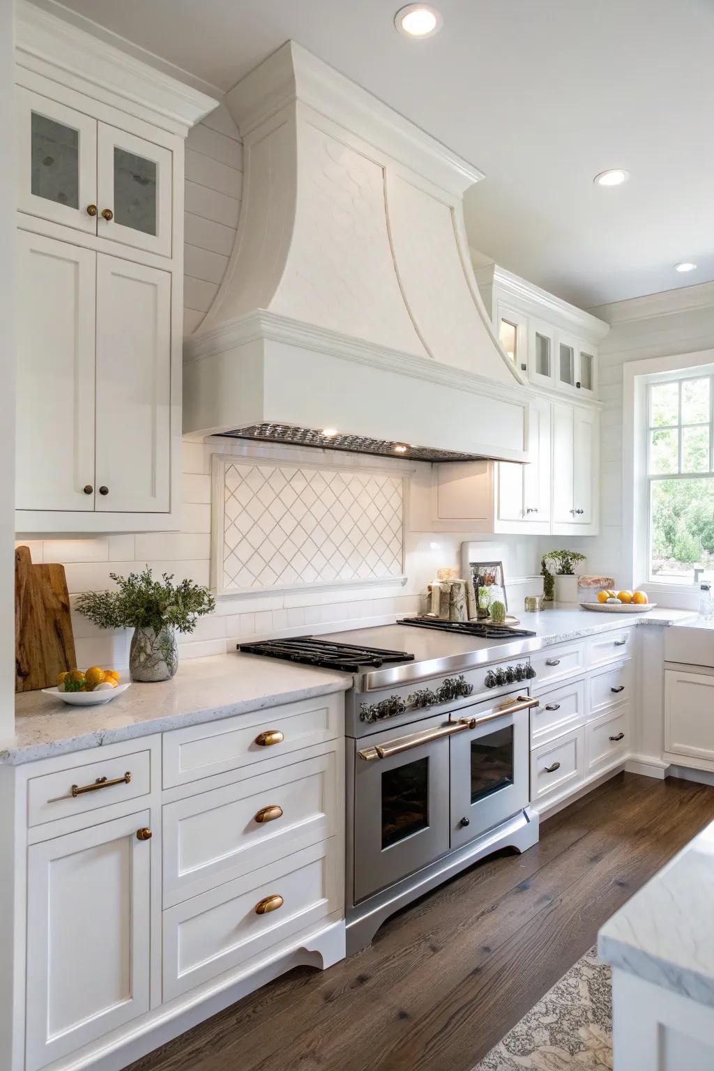 A central cooking vent serves as a centerpiece in the white kitchen.