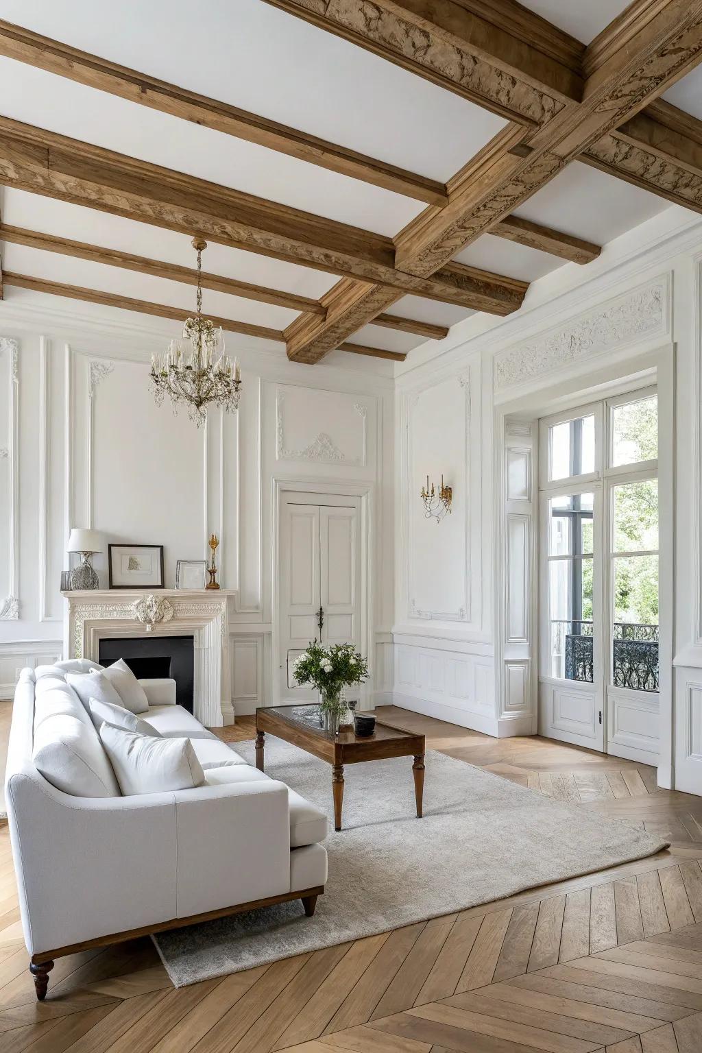 Structural elements contribute depth and intrigue to a white room.