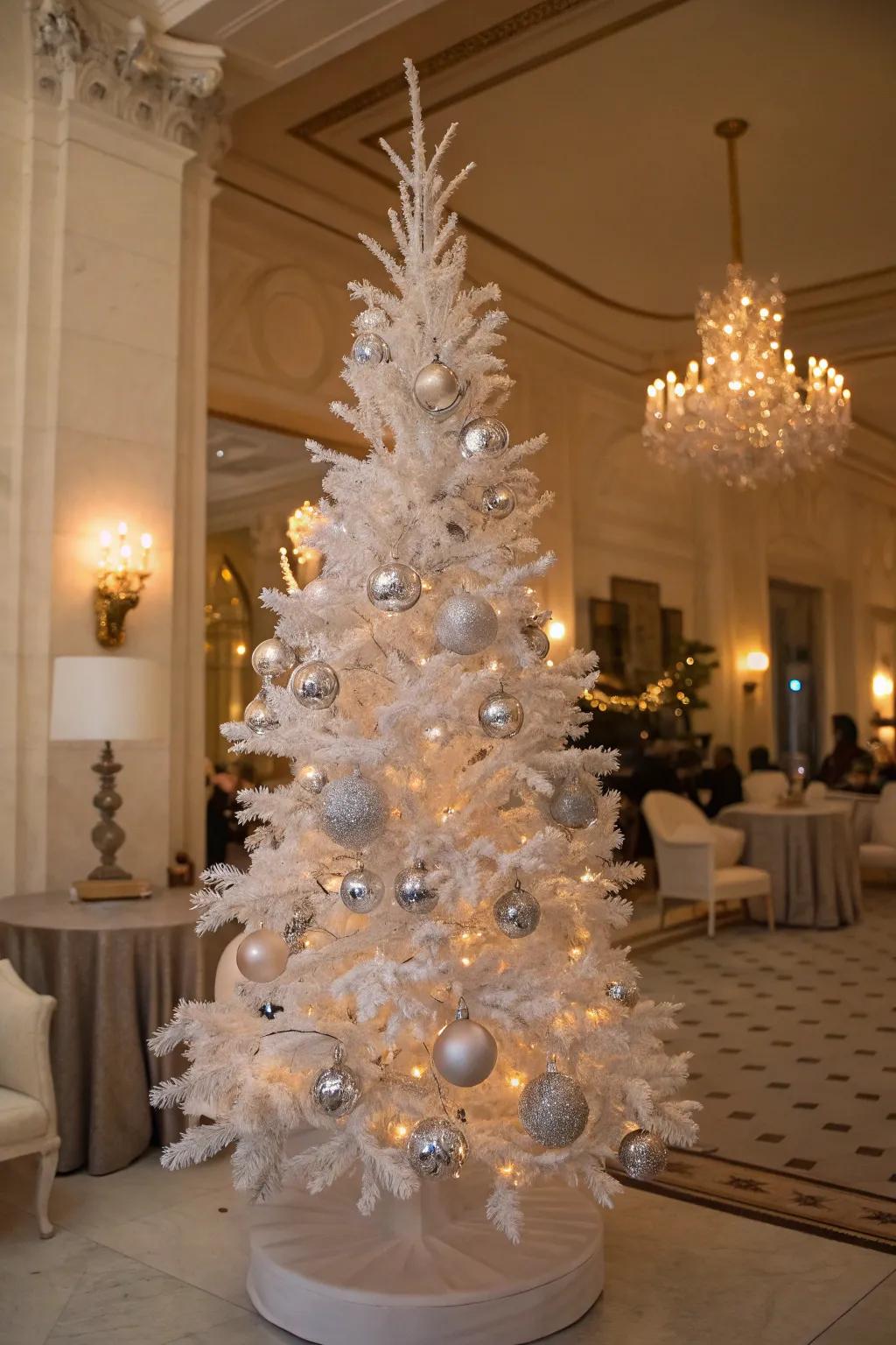 A glimmering argent-themed white pencil tree showcasing glittering decorations.