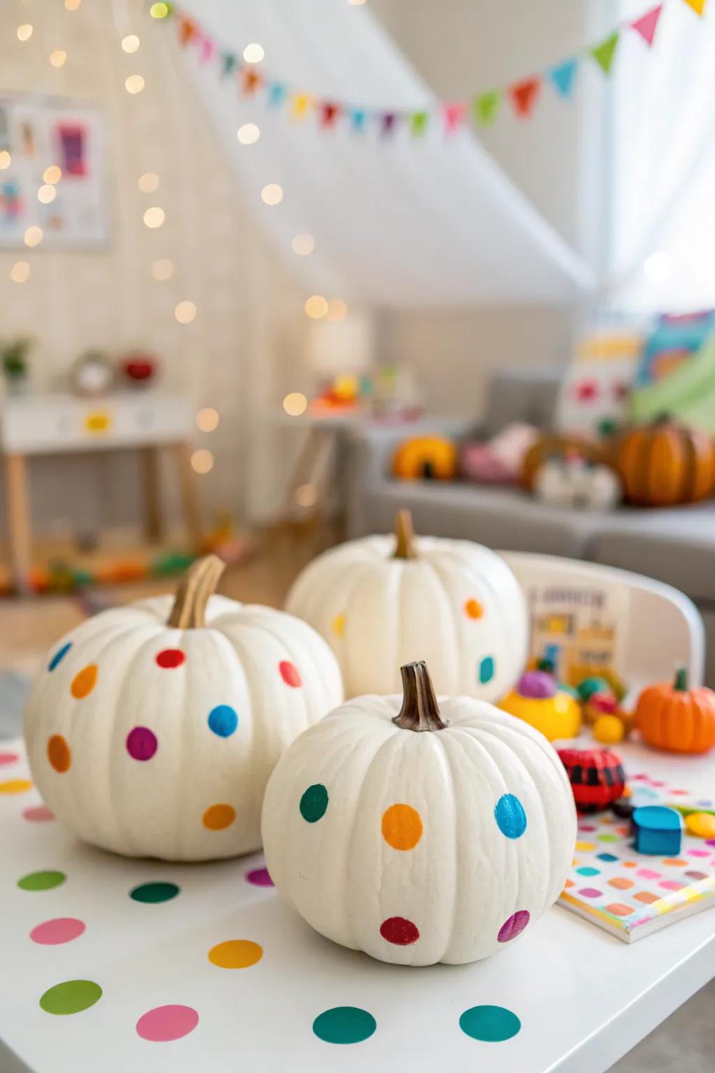 Colorful round dot pumpkins for a fun vibe.