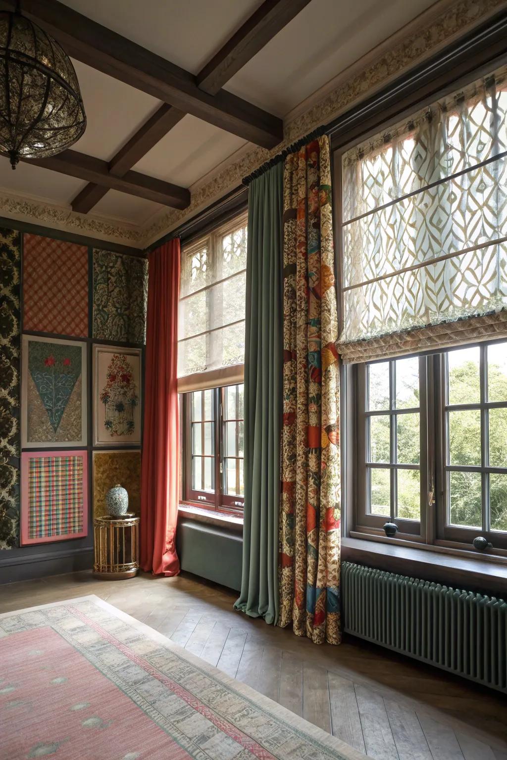 Layered window treatments enhance depth and intrigue.