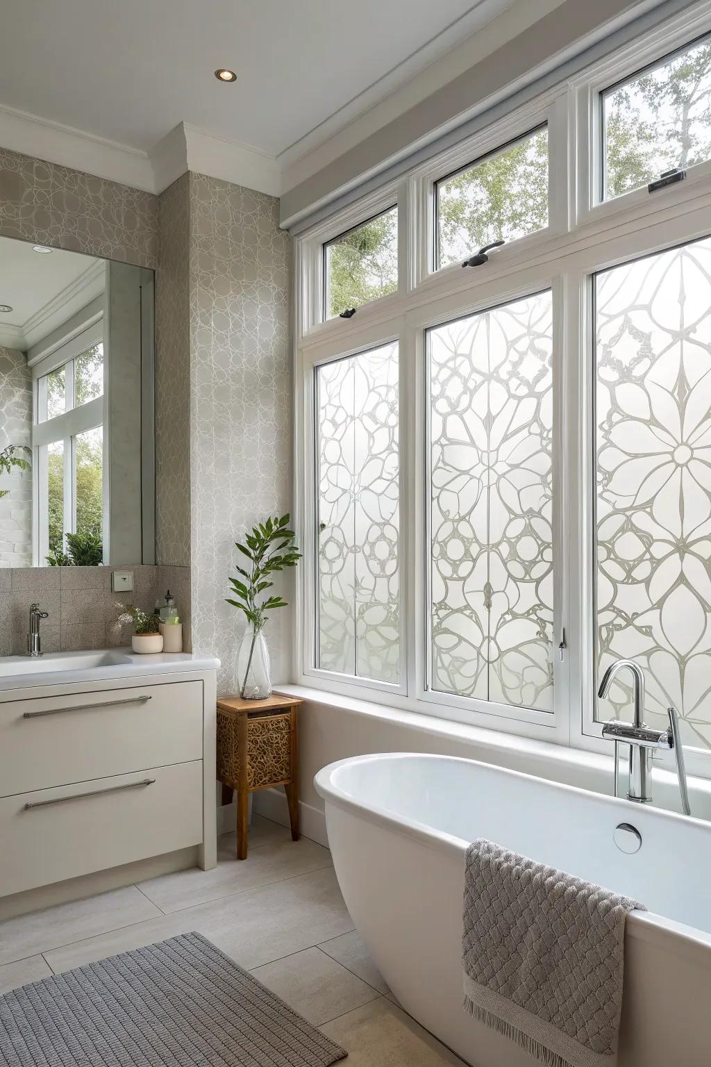 Stylized film offers privacy with an artistic touch for casement windows.