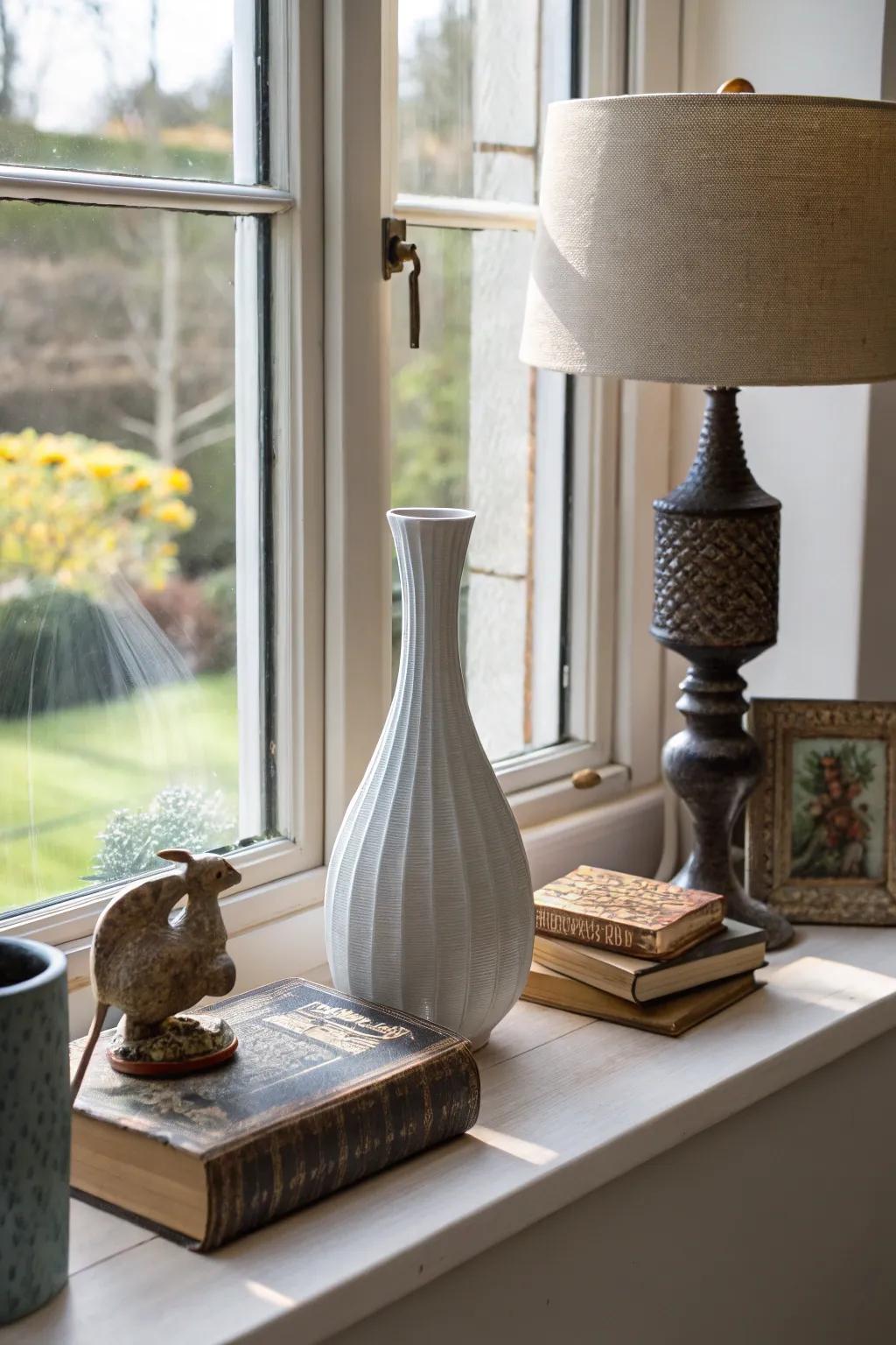 Blending styles gives a distinctive and diverse touch to the windowsill.