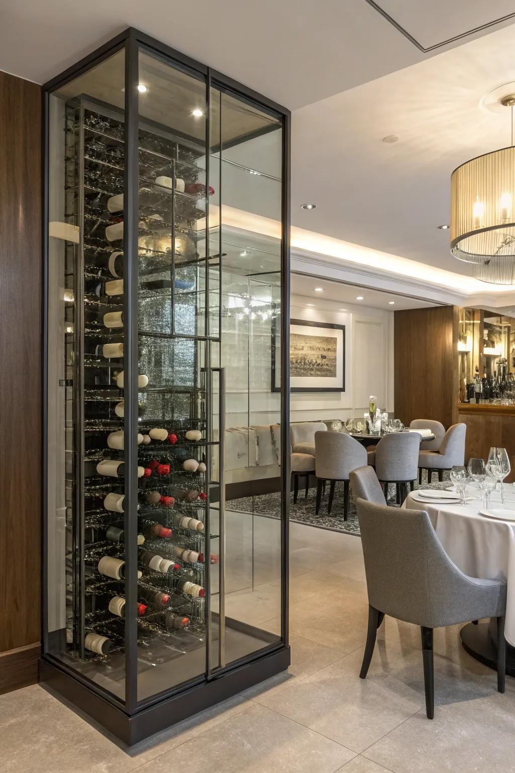 Glass-enclosed wine rack for sophisticated storage.