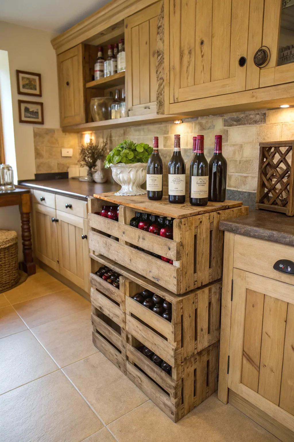 Rustic boxes infuse a touch of farmhouse charm into wine storage.