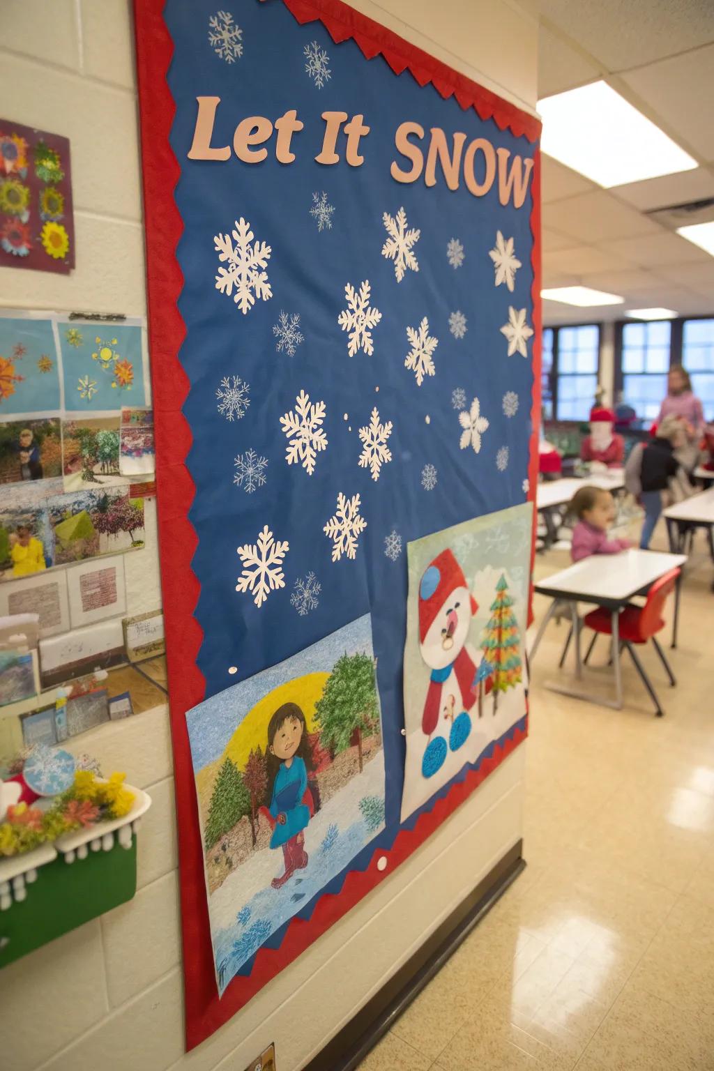 A classic 'Let It Snow' theme cloaks the bulletin board in winter enchantment.
