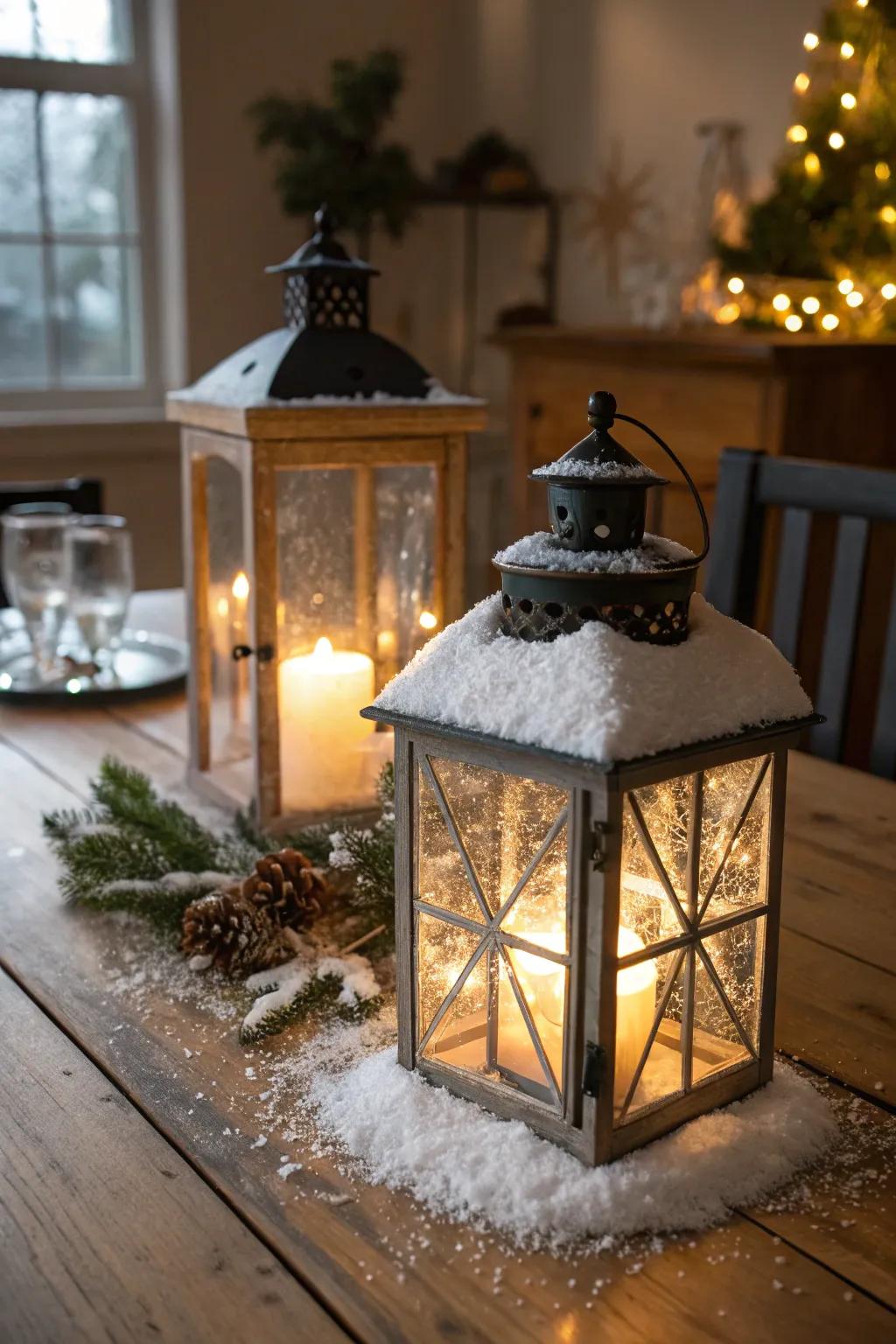 Snow-laden lanterns contribute a bewitching glow to your d&eacute;cor.