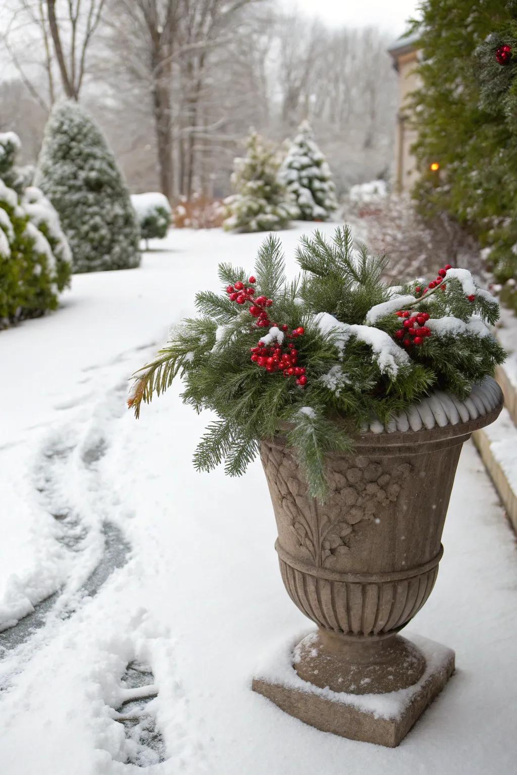 Artificial snow turns planters into a winter wonderland.