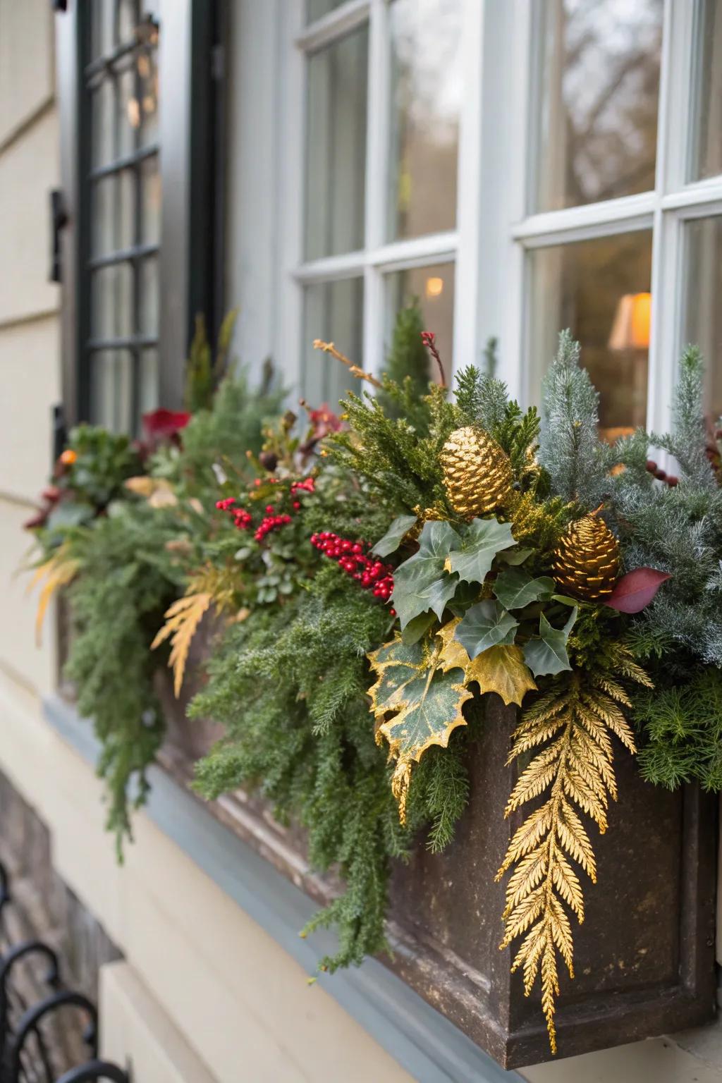 Golden accents bring warmth and luxury to this winter window box.