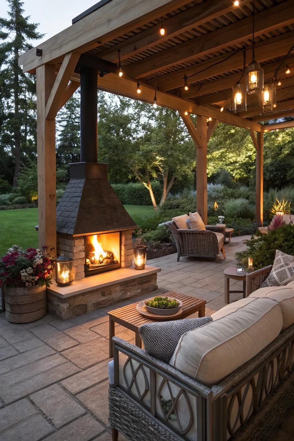 An open-air sanctuary featuring a cozy deck fireplace.