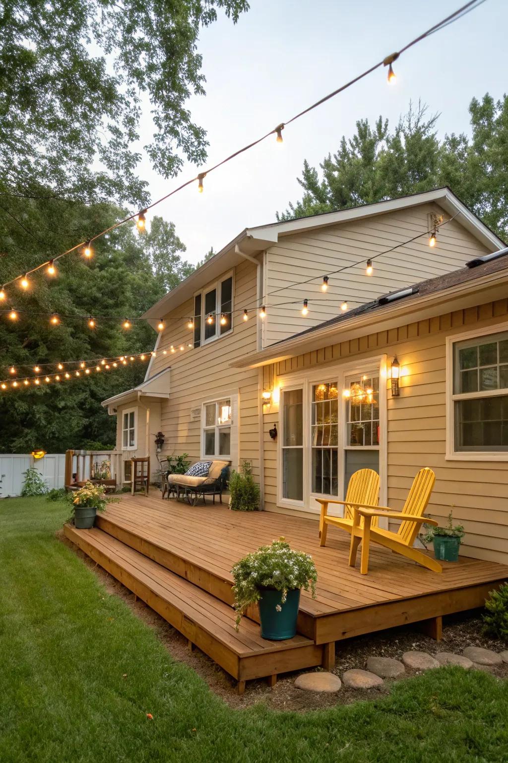 Golden oak decking enhances the warmth and welcoming nature of a tan house.