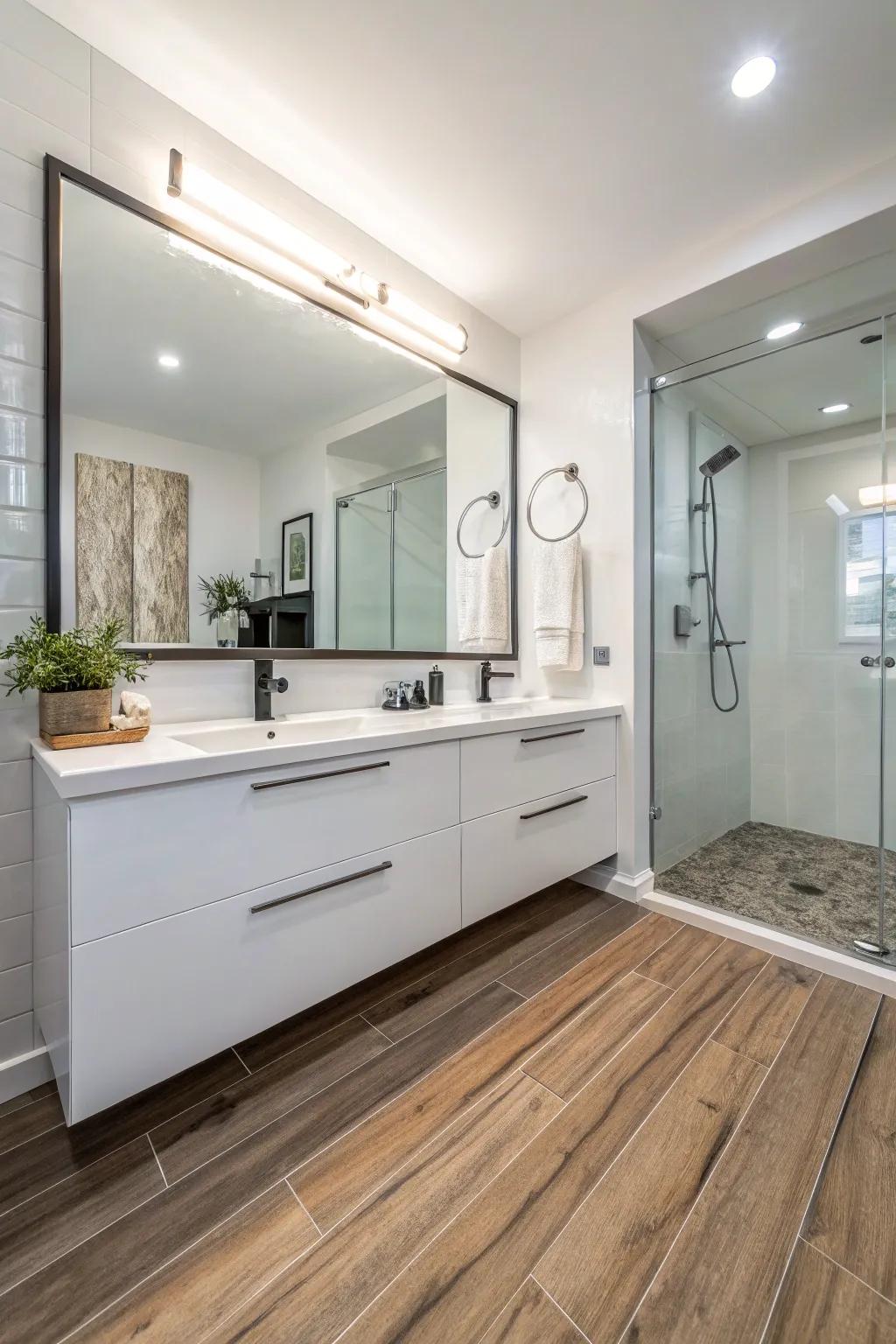 Bathroom featuring innovative timber replication panel flooring.