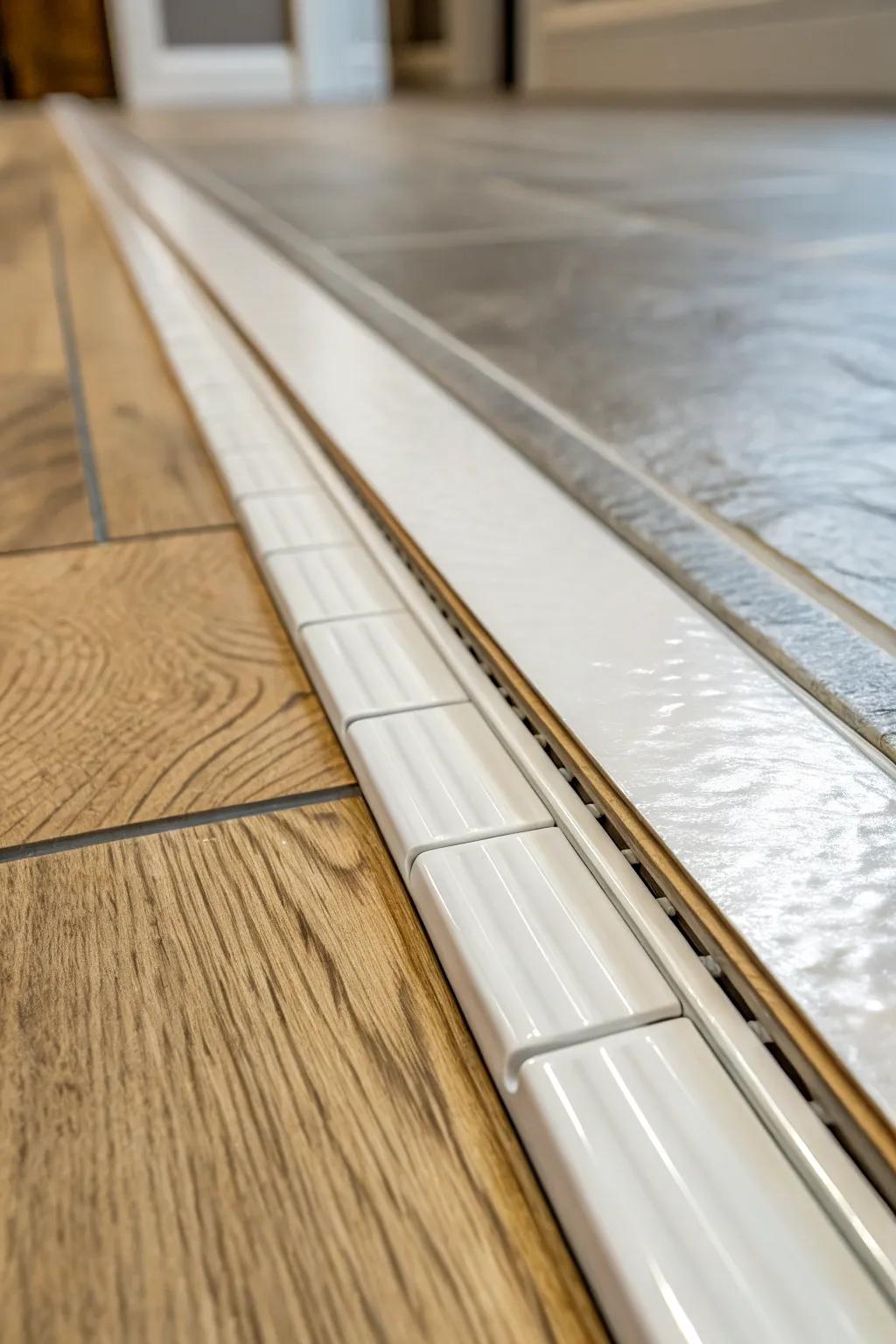 A close-up shows a T-track transition connecting tile and wood flooring.