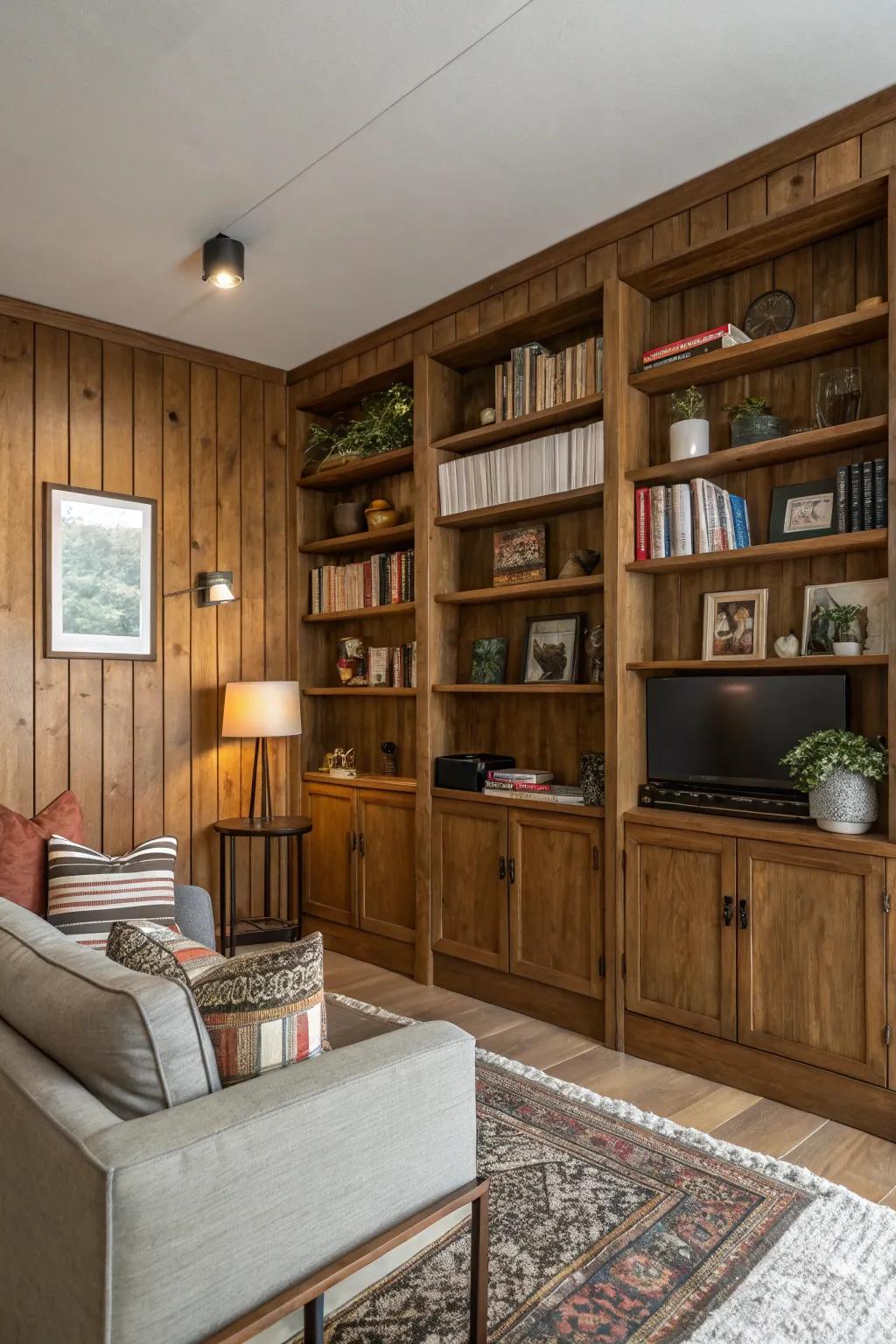 Integrated shelving with timber cladding maximizes space and style.